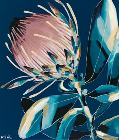 a painting of a flower on a blue background