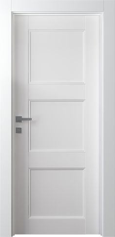 a white door with a metal handle on it's left side and right side