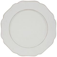 an empty white plate with silver trim on the rim and bottom, against a white background