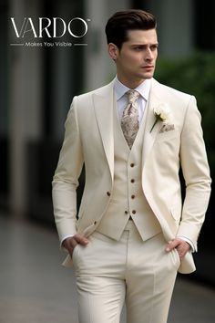 a man in a white suit and tie is walking down the street with his hands on his hips