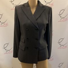 Alfani. Sz 4. Nwt $149. Double Breasted. Long Sleeve. Lined. Pinstripe. Center Back 23". Sleeve 23.5". Bust 18/36". Made In Korea. 3 Button Cuff. X Button. Poly/Rayon Blend. Faux Pockets. Fitted Pinstripe Outerwear For Semi-formal Occasions, Elegant Striped Spring Suit, Semi-formal Striped Notch Lapel Outerwear, Classic Long Sleeve Outerwear With Vertical Stripes, Pinstripe Outerwear For Winter Office, Winter Striped Blazer For Business Casual, Striped Fitted Long Sleeve Suits, Pinstripe Long Sleeve Outerwear For Semi-formal Occasions, Striped Long Sleeve Office Suits