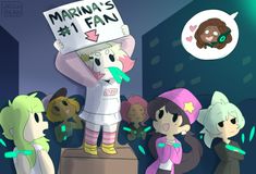 cartoon characters are standing in front of a sign that says marina's 1 fan