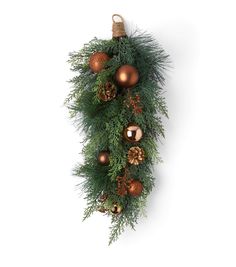 a christmas garland with pine cones and ornaments