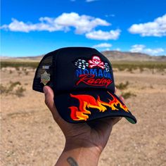 No Magik Racing Flame Trucker Hat Black Brand New Black Curved Brim Hats For Races, Black Visor Trucker Hat For Outdoor, Black Trucker Baseball Cap With Visor, Black Trucker Hat For Sports With Short Brim, Black Trucker Hat With Short Brim For Sports, Black Trucker Hat With Short Brim For Streetwear, Black Hat With Short Brim For Streetwear, Black Short Brim Hat For Streetwear, Brown Fedora