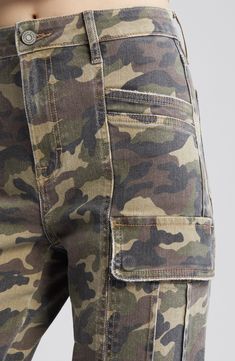 Cut from a camo-print cotton blend in a relaxed fit, these cargo pants exude laid-back, retro-cool style. 31" inseam; 11" front rise Zip fly with button closure Front slant pockets; back patch pockets; cargo flap-patch pockets 94% cotton, 5% polyester, 1% spandex Machine wash, tumble dry Imported Straight Leg Cargo Pants, Back Patch, Camo Print, Cargo Pants, Printed Cotton, Cool Style, Camo, Straight Leg, Cotton Blend