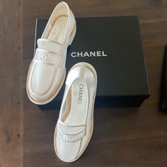 White Mesh And Satin Chanel Loafers. Never Worn, Size 40 Elegant Slip-ons For Spring Galas, Elegant White Slip-ons For Office, Elegant Round Toe Slip-ons For Summer, Elegant Formal Summer Slip-ons, Luxury Brogue Detailing Closed Toe Loafers, Elegant Summer Formal Loafers, Elegant Formal Summer Loafers, Summer Patent Leather Loafers With Round Toe, Luxury Summer Flats With Round Toe