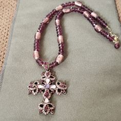 Fashionable Necklace; Purple/Pink Rhinestone Cross With Purple Beads. Never Worn. Cross Beads, Jewelry Purple, Purple Beads, Rhinestone Fashion, Necklace Purple, Rhinestone Cross, Necklace Fashion, Pink Rhinestones, Jewelry Necklace