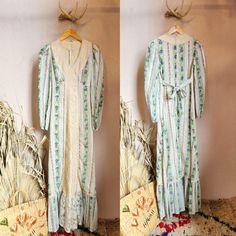 Sweet 70s Gunne Sax style prairie maxi dress with lace inserts. Zippered back closure with ties.    Dimensions:  P to P: 16 in Waist: 26 in Length: 55 in Label: None Material:  Cotton, lace Vintage: Just like Grandma, the dings and bruises of vintage are part of her lovely package, so please love her as she is, with all of her signs of an authentically lived life. You wouldn't want her any other way. All sales are final. Shop more of our items here: https://www.etsy.com/shop/VintageAvengerBoheme?ref=ss_profile  Shop our regular website at  https://www.vintageavengerhumboldt.com/ Hippie Style Spring Maxi Dress, Hippie Long Maxi Dress For Spring, Spring Hippie Long Maxi Dress, Bohemian Maxi Dress With Lace Trim, Bohemian Long Sleeve Maxi Dress With Lace Trim, Bohemian Long Maxi Dress With Lace Trim, Spring Maxi Dress With Lace Trim, Fitted Festival Maxi Dress With Lace Trim, Bohemian Maxi Dress For Spring Daywear