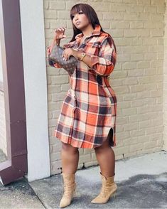 Classic Plaid Shirt Single-breasted Woolen Coat Casual Midi Dress, Midi Dress Casual, Fall Fashion Outfits, Long Shirt, Look Fashion, Plus Size Fashion, Fall Outfits, Types Of Sleeves, Autumn Fashion