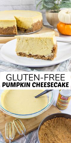 gluten - free pumpkin cheesecake with graham cracker crust is the perfect fall dessert