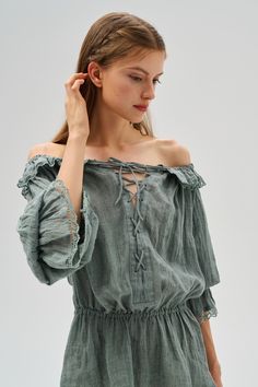 This blouse effortlessly exudes femininity and romance with its delicate details. Imagine strolling through a field of wildflowers in this flowing blouse, the breeze caressing your face and the gentle rustle of leaves accompanying your every step. Feel the pure luxury of linen. The soft fabric feels like the softest embrace of nature against your skin. Delicate lace ruffle details create an ethereal aesthetic, like gentle waves, making you feel like a fairytale princess. Designed with flexibilit Summer Off-shoulder Peasant Top With Ruffles, Summer Peasant Off-shoulder Blouse, Bohemian Off-shoulder Blouse With Ruffles, Feminine Off-shoulder Peasant Top, Spring Off-shoulder Peasant Top With Ruffles, Spring Peasant Off-shoulder Blouse, Elegant Summer Peasant Top With Lantern Sleeves, Bohemian Linen Blouse With Ruffles, Chic Off-shoulder Peasant Top With Ruffles