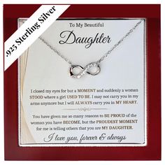 PRICES MAY VARY. STUNNING QUALITY: 925 sterling silver necklace for women If you are looking for a gift for daughter from mom this daughter jewelry from mom is perfect for birthday gift for daughter adult, christmas gifts for daughter, valentine daughter gifts , graduation gift for daughter, these will not disappoint. FOLDING GREETING CARD INCLUDED - With a heartfelt message on the front and opens to a large clear space to write in your own words, guaranteed to bring tears of joy and appreciatio Meaningful Birthstone Necklace For Anniversary, Mother's Day Inspirational Jewelry With Gift Box, Inspirational Jewelry For Mother's Day With Gift Box, Mother's Day Necklace With Gift Box, Meaningful Infinity Jewelry Gift, Silver Necklace For Valentine's Day With Gift Box, Inspirational Jewelry Gift With Box, Inspirational Jewelry With Gift Box, Inspirational Jewelry For Anniversary And Mother's Day