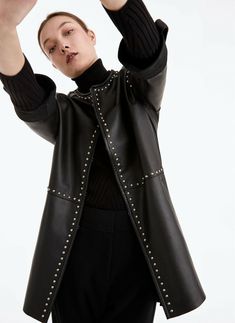 Winter Black Outerwear With Rivets, Black Winter Outerwear With Rivets, Winter Workwear Outerwear With Rivets, Long Sleeve Outerwear With Rivets For Work, Long Sleeve Workwear Outerwear With Rivets, Black Long Jacket, Trench Coat Casual, Leather Trench Coat Woman, Women's Trench Coat