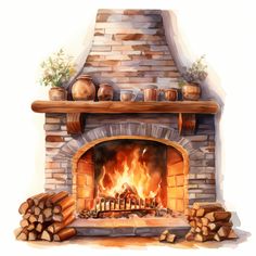 a drawing of a fireplace with logs and pots on top