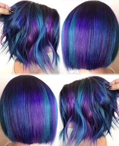 Colorful Shoulder Length Hair, Short Galaxy Hair, Short Hair Colors For Women, Vibrant Hair Color Ideas Brunettes, Short Vibrant Hair, Galaxy Hair Color Short, Holographic Hair Dark, Blue And Violet Hair, Purple And Teal Hair