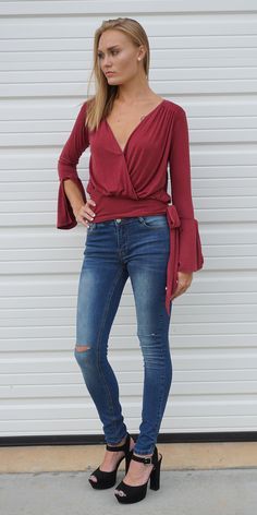 Wrap Bell Sleeve Top Wedges Outfit, A Line Denim Skirt, Pump It Up, Fall Wear, Black Raspberry, Red Heels, Feminine Aesthetic, Suede Booties, Ankle Strap Sandals