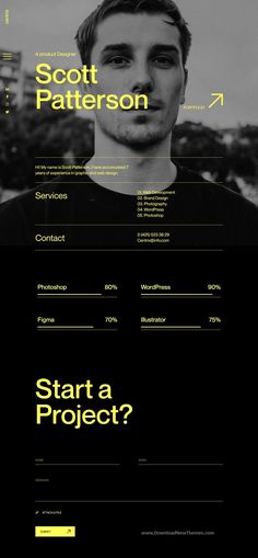 a black and yellow web page with the words scott patterson on it's side