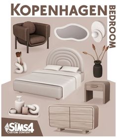 an advertisement for a modern bedroom with furniture and decor on the front cover is shown