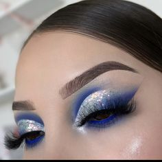 Royal Blue And Silver Eyeshadow, Royal Blue And Silver Eye Makeup, White And Blue Eyeshadow Looks, Blue Cutcrease Eyemakeup, Blue Makeup Looks With Rhinestones, Royal Blue Make Up Looks For Prom, White And Blue Makeup Looks, Blue Makeup With Rhinestones, Royal Blue Eye Makeup Prom