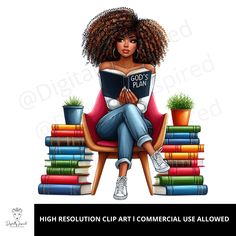 a woman sitting on top of a chair reading a book next to a pile of books