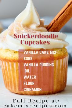 a cupcake with icing and cinnamon on top is featured in this recipe for vanilla cake mix