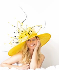 Another stunner! Off centered brim oversized yellow hat with abaca hand made flower will definitely will make you a show stopper Wear with confidence!! Can be done in wide variety of colors with cream flower ( base is painted in the color of your hat choice) and custom head sized. Measure your head properly, please! Kentucky Derby Outfit, Derby Fashion, Royal Ascot Hats, Ky Derby, Oversized Hat, Derby Hats Fascinators, Sinamay Hats, Ascot Hats, Yellow Hat