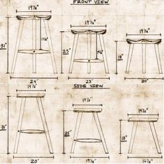 a drawing of stools and tables with measurements for each seat, from the top to the bottom