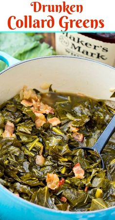 a blue pot filled with collard greens and bacon