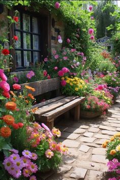 a wooden bench sitting in the middle of a garden filled with lots of colorful flowers