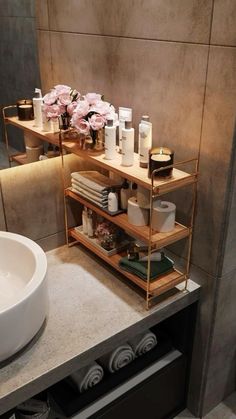 a bathroom with a sink and shelves in it