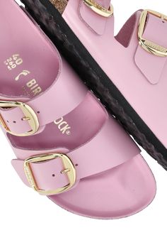 - Pink Birkenstock leather sandal for woman - Round toe - Two front straps with golden buckles - Ankle strap with golden buckle - Narrow fitComposition: 100% Cowhide Sole:, 100% Eva Spring Gold Footbed Sandals With Buckle Closure, Spring Slides With Gold Buckle And Open Toe, Open Toe Slides With Gold Buckle For Spring, Spring Open Toe Slides With Gold Buckle, Gold Slide Footbed Sandals With Buckle, Gold Slide Footbed Sandals With Buckle Closure, Gold Double Strap Sandals For Spring, Summer Open Toe Slides With Brass Buckle, Flat Sandals With Tang Buckle