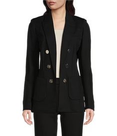 Anne Klein Faux Open Front Double Breasted Peak Lapel Collection Coordinating Compression Blazer | Dillard's Professional Button-up Outerwear For Office, Double-breasted Blazer Dress For Business Casual, Double-breasted Business Casual Blazer With Pockets, Double-breasted Blazer With Pockets For Business Casual, Chic Notched Blazer With Button Closure, Office Notched Blazer Dress With Double Button, Tailored Long Sleeve Blazer With Buttons, Tailored Fall Blazer Dress With Buttons, Tailored Button Closure Blazer Dress For Fall