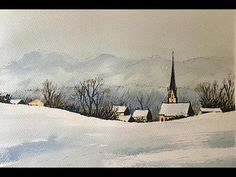 a painting of a snowy village with a church steeple in the distance and mountains in the background