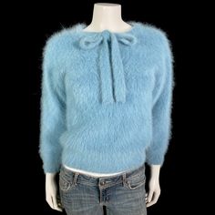 80% Angora Fuzzy Vintage Blue Tie-Neck Long-Sleeve Pullover Sweater 32 in bust Blue Long Sleeve Winter Blouse, Casual Blue Winter Blouse, Casual Blue Blouse For Winter, Chic Blue Cropped Sweater For Fall, Winter V-neck Blouse, Chic Blue Crew Neck Sweater, Chic Blue Long Sleeve Knit Top, Blue Long Sleeve Knit Top For Winter, Long Sleeve Blue Knit Top For Winter