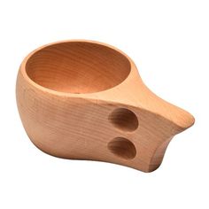 a wooden bowl with two holes in the middle and one hole at the bottom, on a white background