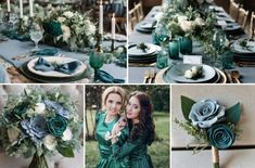 a collage of photos with green and white flowers on the table, blue napkins and silverware