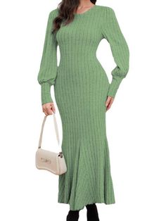 F00243886-103 Green V-neck Maxi Dress For Winter, Spring Ribbed Midi Length Maxi Dress, Fitted V-neck Maxi Dress For Fall, Fitted Sheath Maxi Dress For Casual Wear, Trendy Evening Midi Dress For Fall, Fitted Green Dress Solid Color, Fitted Green Solid Color Dresses, Fitted Long Sweater Dress For Winter, Chic Ribbed Mini Dress For Spring