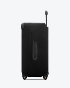 a black piece of luggage with wheels and handle on the bottom is shown against a white background