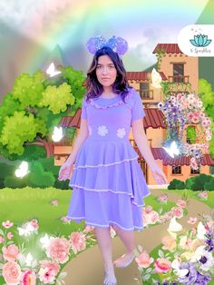 Isabela Disneybound Outfit for Adults: This elegant floral dress is perfect for Disneybounding as Isabela from Encanto, adding a touch of magic to your day. Adult Dress, Gainesville Florida, Soft Lavender, Ruffled Neckline, Theme Parks, Lavender Color, Xl Dress, Theme Park, Dress Making