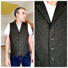 "mens Vest mens wool Vest Vintage  wool Top Khaki Vest warm vest Tweed Vest Vintage  waistcoats Retro Vest Halter Vest L B-0 height of the men in the photo - 187 cm Please refer to photos for details of condition.  Condition: good vintage Measurements: Length: 64 cm/ 25.2\" Bust: 110 cm/ 43.3\" Waist: 100cm/39.4\" Size: L note The color on the pictures may vary due to monitor settings and light reflections. Ready to ship Please do not hesitate to contact with me for any questions. Thank you for shopping today!" Tweed Vest With Pockets For Tailoring, Winter Tweed Vest With Pockets, Tailored Single-breasted Tweed Vest, Fall Tweed Single Breasted Vest, Fall Tweed Single-breasted Vest, Wool Business Vest For Fall, Wool Vest For Business In Fall, Wool Vest With Pockets For Tailoring, Tailored Single Breasted Vest For Winter