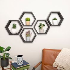 three hexagonal shelves with plants on them are mounted to the wall above a leather chair