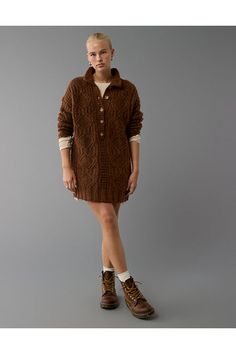 Detailed sweater knit/Mock neck with half button-up closure/Ribbed cuffs, collar & hem/This dress is Real Good: Made with the planet in mind & a promise to continue to do better. Mini Sweater, Detailed Sweater, Mini Sweater Dress, Do Better, Cool Stuff, Sweater Knit, Mock Neck, Women's Jeans, American Eagle Outfitters