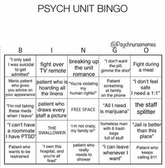 an image of a game board with words on it and the word psych unit bingo