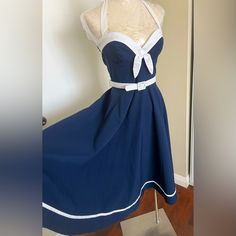 New With Tags Pinup Girl Sailor Dress. Size Xs . Navy Blue And White . White Belt . Zipper Closer . Girls Sailor Dress, Sailor Outfit, Halter Top Dress, Pinup Couture, Halter Top Dresses, Sailor Dress, White Belt, White White, Couture Dresses