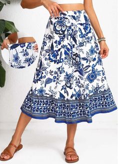 Color:Blue;Size:S;Size:M;Size:L;Size:XL;Size:2XL;Package Contents:1 X Skirt; Ruffle Hem Skirt, White Midi Skirt, Ankle Length Skirt, Elastic Waist Skirt, Blue And White Porcelain, Spring Skirts, Boho Skirts, Skirt Midi, Floral Print Skirt