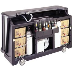 a black cart with bottles and cans on it