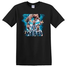 a black t - shirt with an image of two men and the words messi on it