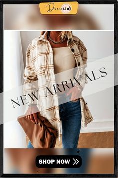 Autumn Winter Long Plaid Shirt Women Casual White Long Sleeve Pocket Button Up Collared Shirt Top Clothes Fashion New Fall Beige Button Closure Shirt For Fall, Fall Shirt With Casual Collar And Buttons, Plaid Tops With Casual Collar And Button Closure, Trendy Casual Collar Shirt For Fall, Trendy Winter Blouse With Button Closure, Winter Button-up Blouse With Button Closure, Beige Button-up Winter Shirt, Winter Beige Button-up Shirt, Fall Casual Collar Blouse With Buttons