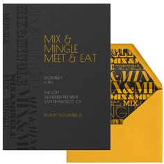 a black and yellow wedding card with the words mix & mingle meet and eat on it