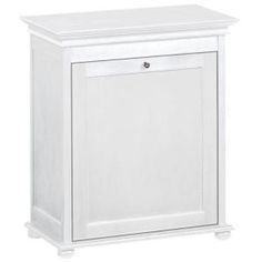 a white cabinet with one door and two drawers on the bottom, in front of a white background